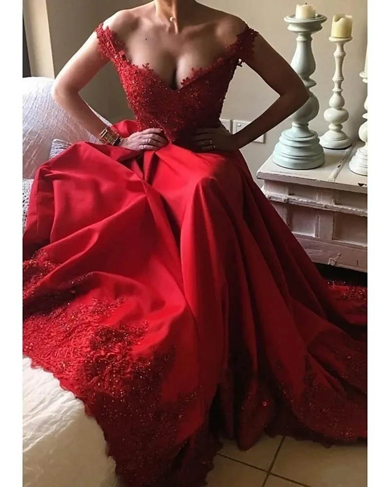 Vintage Red Prom Formal Evening Dress Off Shoulder Long Satin with Beading Sequin Appliques Prom Party Gowns vestidos de festa