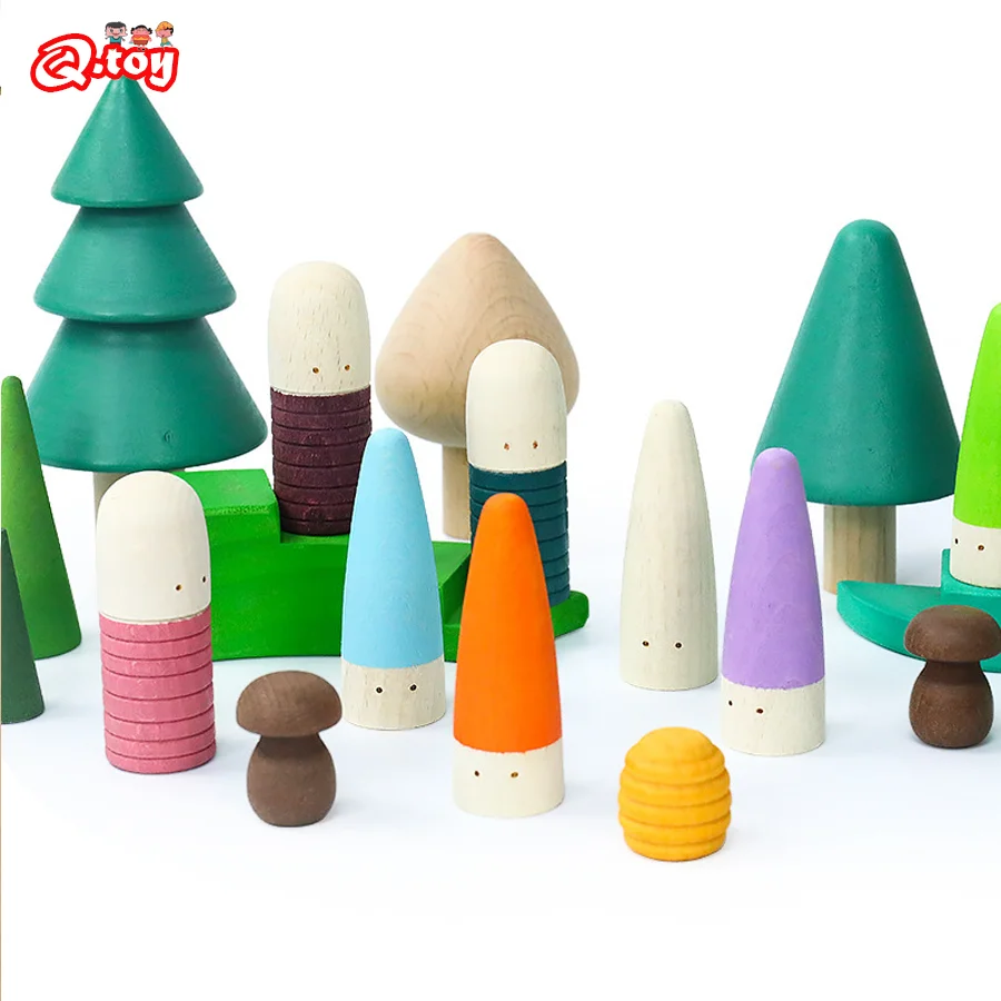 

12pcs Wooden Rainbow Block Constructor Little Thumb Dolls Kid Color Cognition Educational Set Toy Montessori for Kids 3-5 Years+