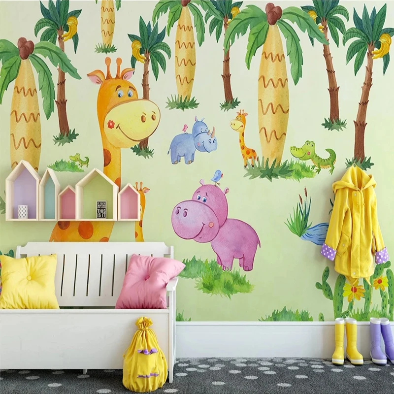 

Custom Any Size 3D Wallpaper Self-Adhesive Modern Minimalist Tropical Forest Cute Animal Children's Room Background Wall Tapety