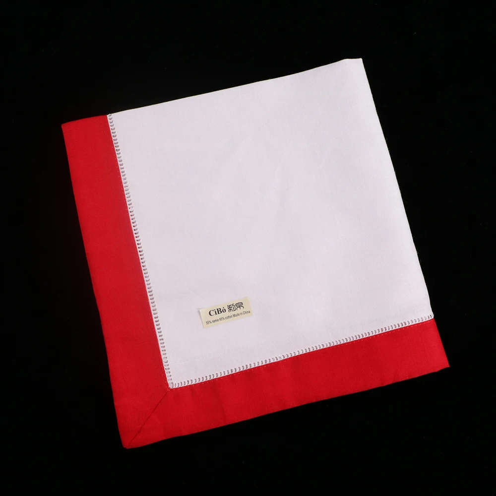 

N037-R-20: 12pieces White Hemstitch Dinner Napkins Red hem Ramie Cotton Blend Ladder Hemstitch table linen