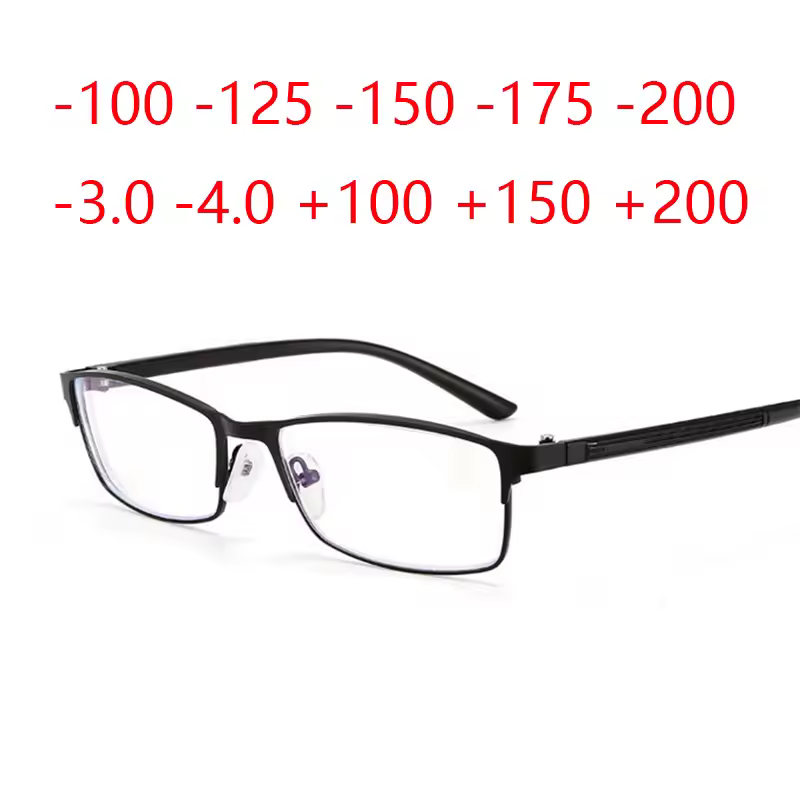-1 -1.25 -1.5 -1.75 -2 -2.25 -2.5 -3 -3.5 -4 Finished Myopia Glasses Square Full Frame Anti Blue Light Metal Reading Eyewear