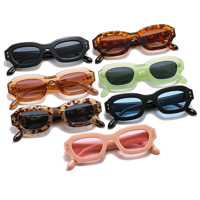 SO&EI Ins Popular Fashion Polygon Square Women Sunglasses Shades UV400 Retro Rivets Decor Men Trending Blue Green Sun Glasses