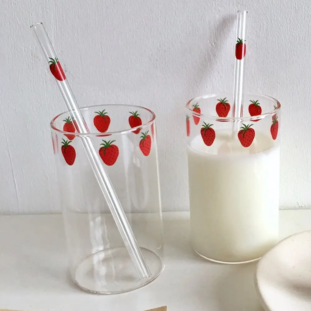 300ml 10oz High borosilicate Nana Cute Strawberry Water Milk Drinking Glasses Cup With Straw