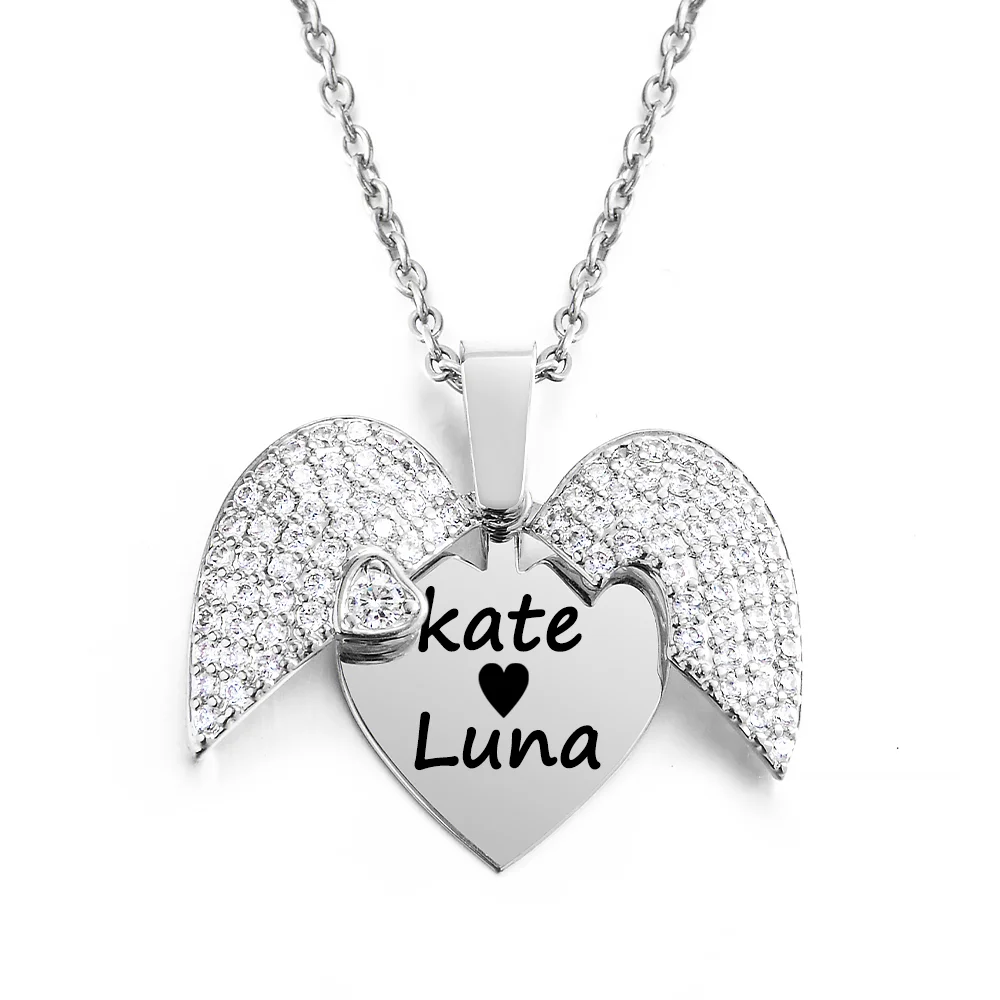 

Personalized Women Chain Necklace Custom Engraved Heart Name Openable Heart Crystal Wings Pendant Neklace Valentine Day Gift