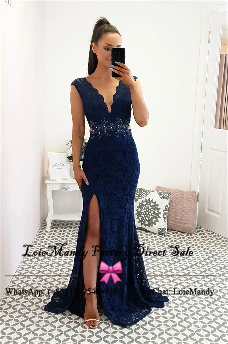 Navy Blue Lace Prom Dresses Long 2022 Sexy Neck Mermaid Formal Evening Gala Dress Shining Beaded Vestido de fiesta de boda