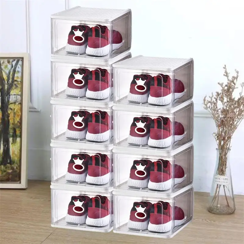 9 Pcs Shoes Box Stackable Storage Plastic Shoe Rack with Ventilation Hole Foldable Dustproof Shoebox Combined Sneakers Cabinet