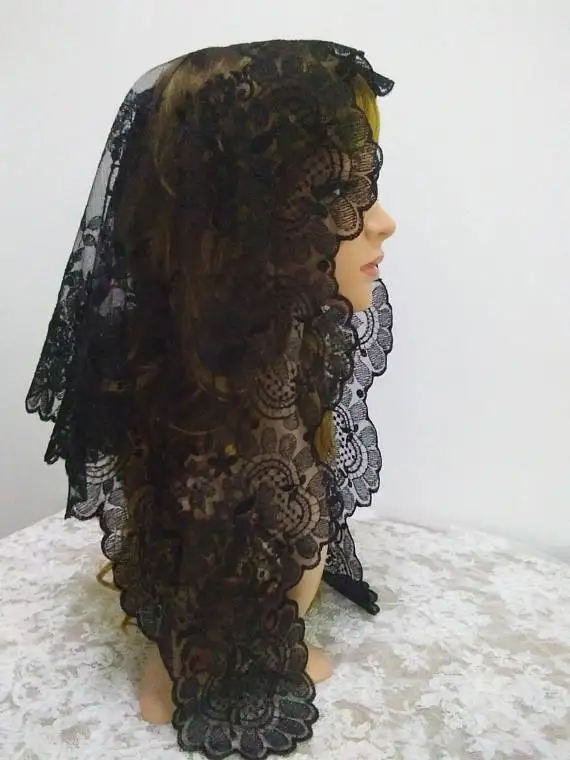 Black Triangular Embroidery Spanish Lace Mantilla Catholic Veil