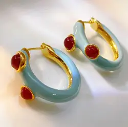 2021 new designer babay-blue medieval enamel earring retro fashionable autumn red gem elegant tender women vintage eardrop