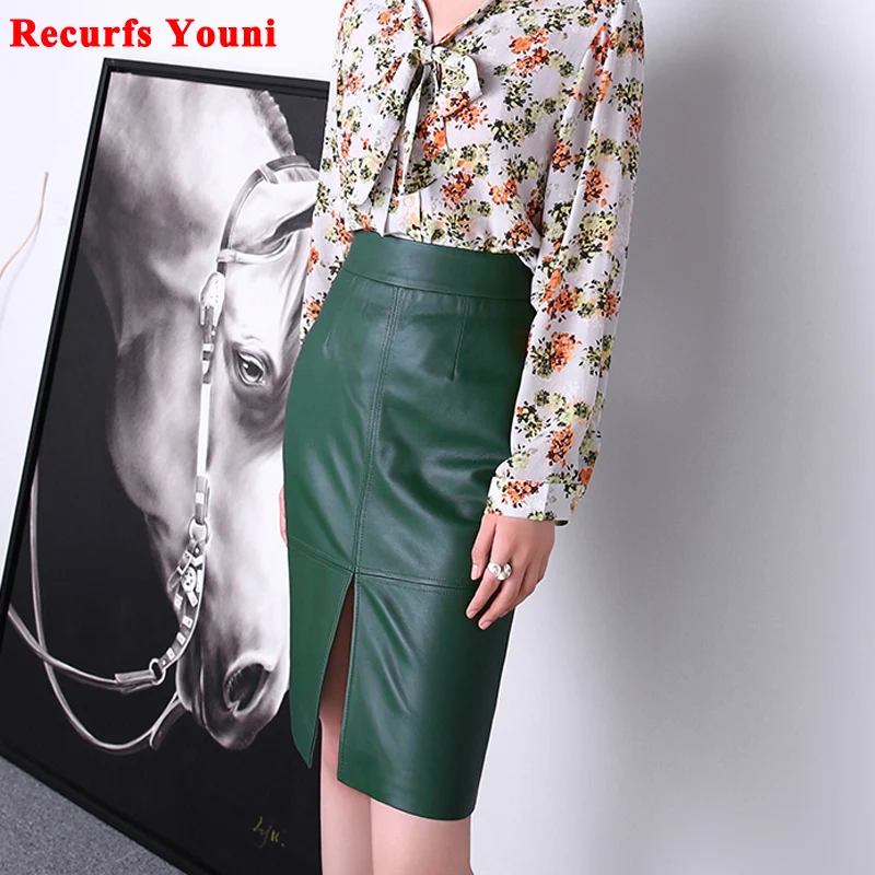 

Women Clothing Winter Harajuku Female Genuine Leather Simple Split Knee Length Skirt Femme Brown/Dark Green Pencil Slit Gonne