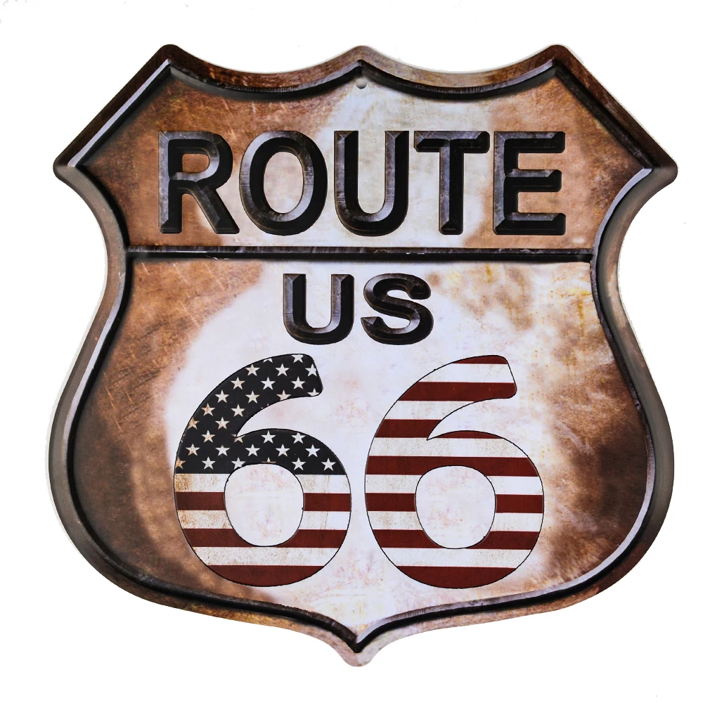 DL-Route 66 American Flag Novelty Highway Vintage Retro Wall Décor Shield Metal tin Sign