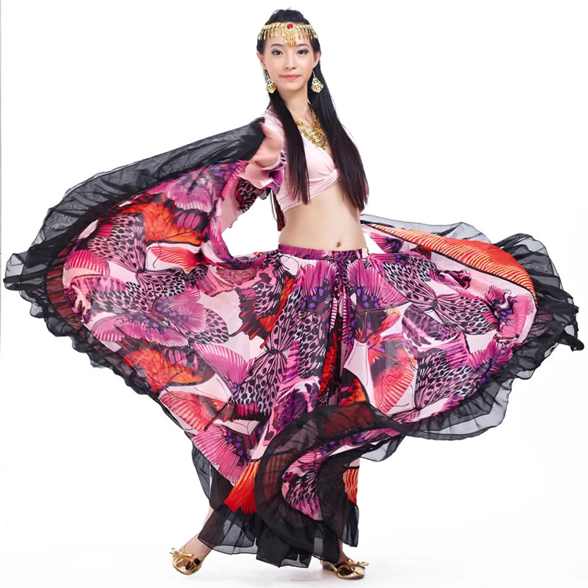 720 Degrees Dancing Costumes Luxury Butterfly Print Women Belly Dance Skirt Lace Bohemian Gypsy Female Spanish Flamenco Skirt