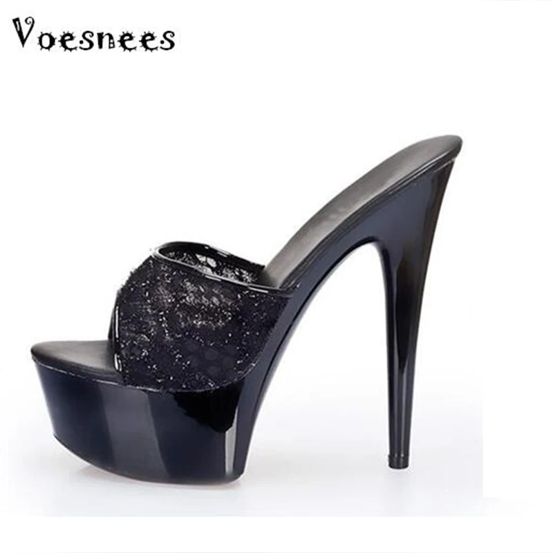 Summer Sexy High Heels Women Slippers Fine Lace mesh stiletto heel Shoes Waterproof Platform Summer sandals Women Model Shew