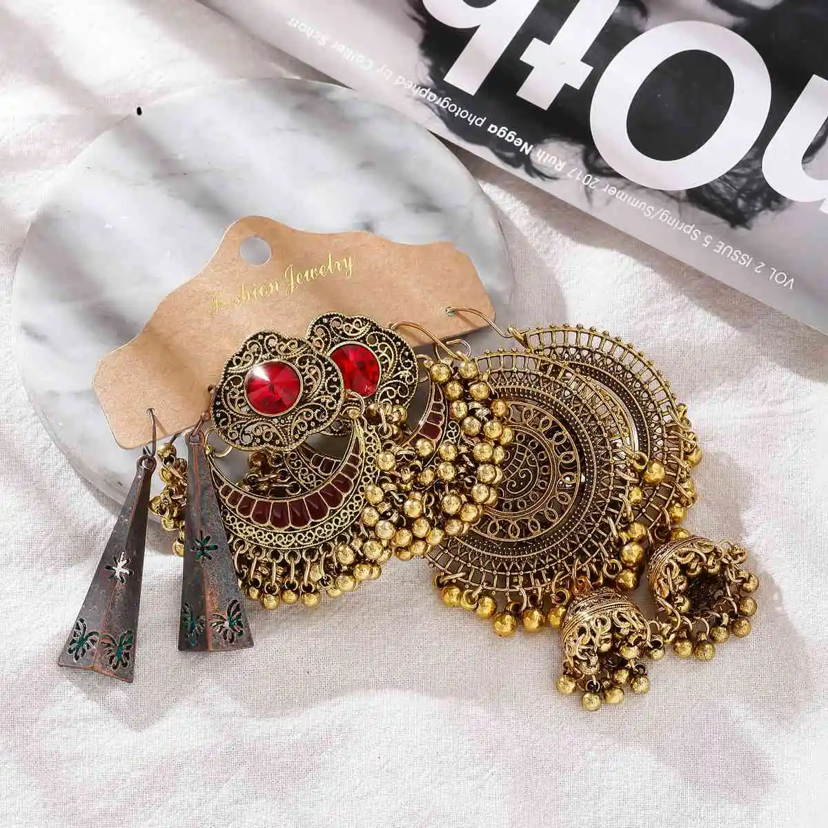 Vintage Women's Gold Color Alloy Carved Tassel Flower Earrings Set Brincos Boho Green Tassel Tibetan Earring Oorbellen Jewelry