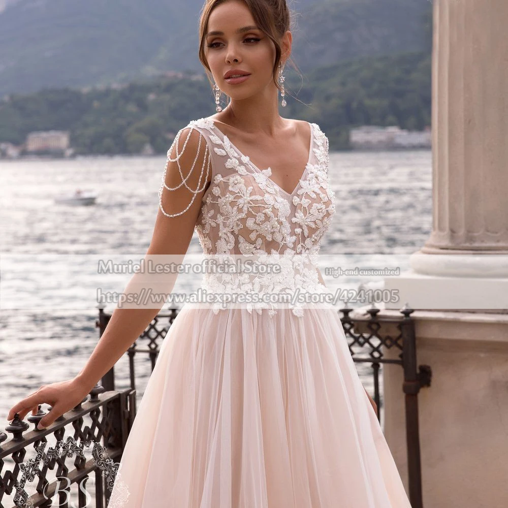 Crystals Beaded V Neck lace A Line Wedding Dresses For Women Bride Champagnes Tulle Backless Bridal Gown Vintage Robe De Mariee