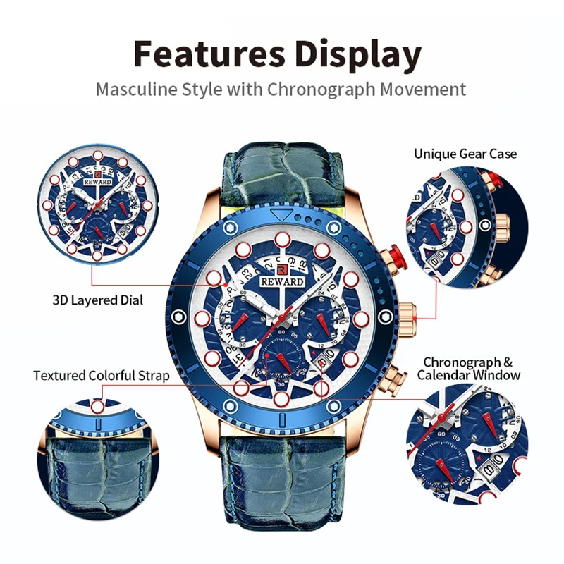 REWARD Fashion Men\'s Quartz Wristwatch Sport Waterpoof Genuine Leather Alloy Watches Chronograph Luminous Man Wrist Watches