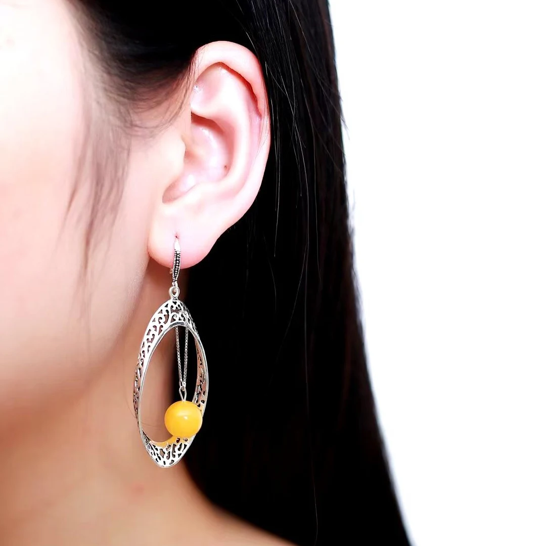 

Vintage Real Natural Amber Earring Sterling 925 Silver for Women Gemstone Anniversary Party Classic Fine Jewelry Gift Wholesale
