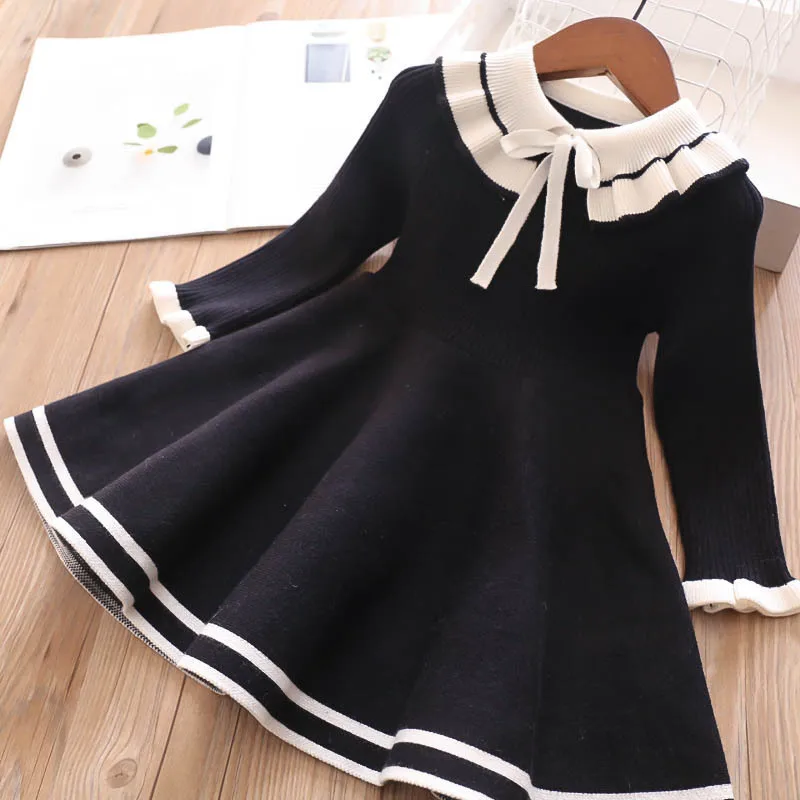 

Baby Sweater Dress 2024 Spring Autumn Winter Girls Knitting Wool Dresses Black Pink Bow Girls Princess Dresses Cute Kids Costume