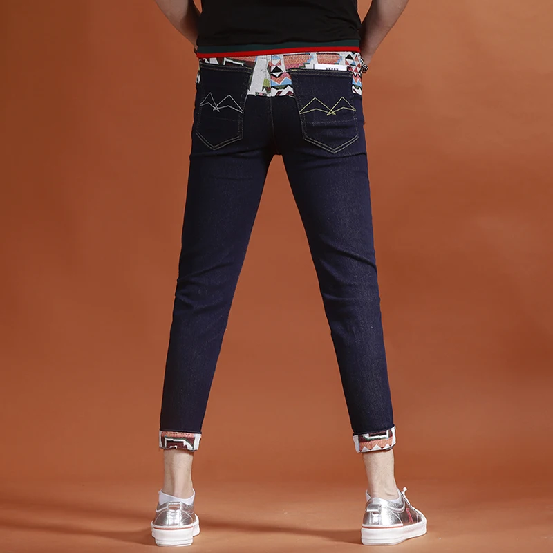 Men's Embroidery Blue Stretch Jeans Summer Fashion Casual Spliced Slim Fit Ankle-Length Pants