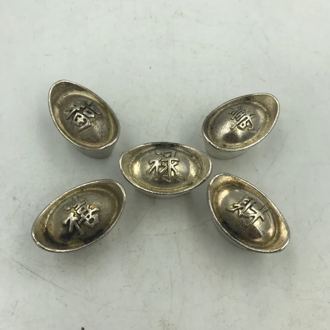 Collection of Chinese Archaize Qing Dynasty Fu Lu Shou Xi Cai silver-plated ingots a set of statue Household Decoration gift
