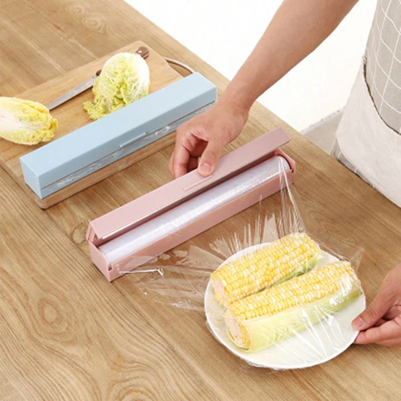 2019 New Plastic Kitchen Foil And Cling Film Wrap Dispenser Cutter Storage preservative film roll case with cutting blade Sale