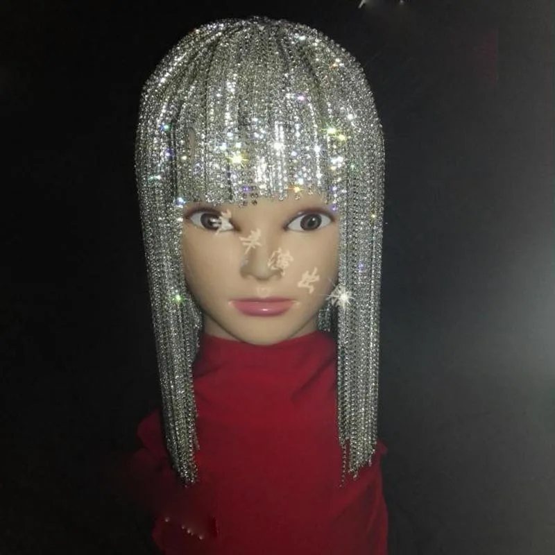 Nightclub Bar DS DJ Female Singer Dance Show GoGo Full Rhinestone Tassel Wig Headwear Flash Drill Hat DWY2635