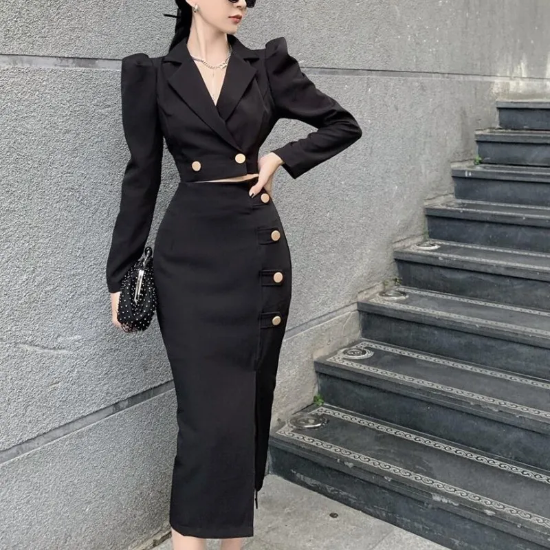 New Arrival Fashion Autumn Women OL Temperament black Crop Top + Sexy Split Midi Skirt Slim Skirt Suits 2021