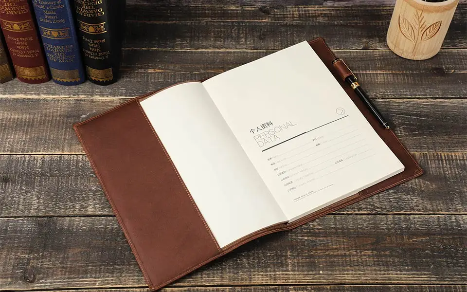 Retro-Buchhülle aus echtem Leder mit Stifthalter, Business-Notizblock, Notizbuch, Buchhülle, Büro, Schulbedarf – Detail 1