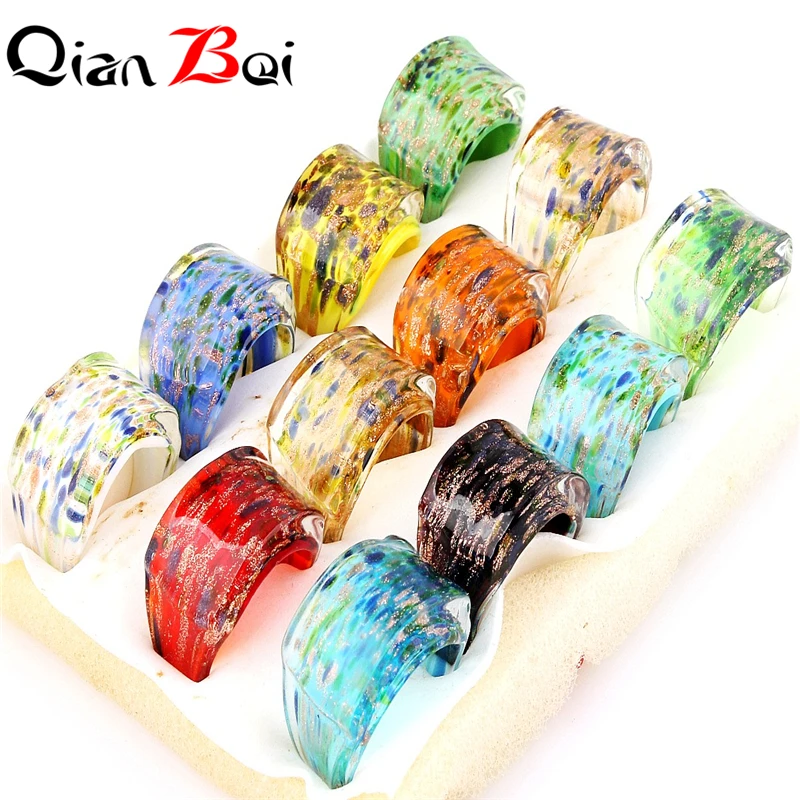 QianBei Wholesale 12Pcs/Lot Fashion Art Painting Pattern Series Murano Lampwork Glass Crystal Charm Men Women Rings Free Ship