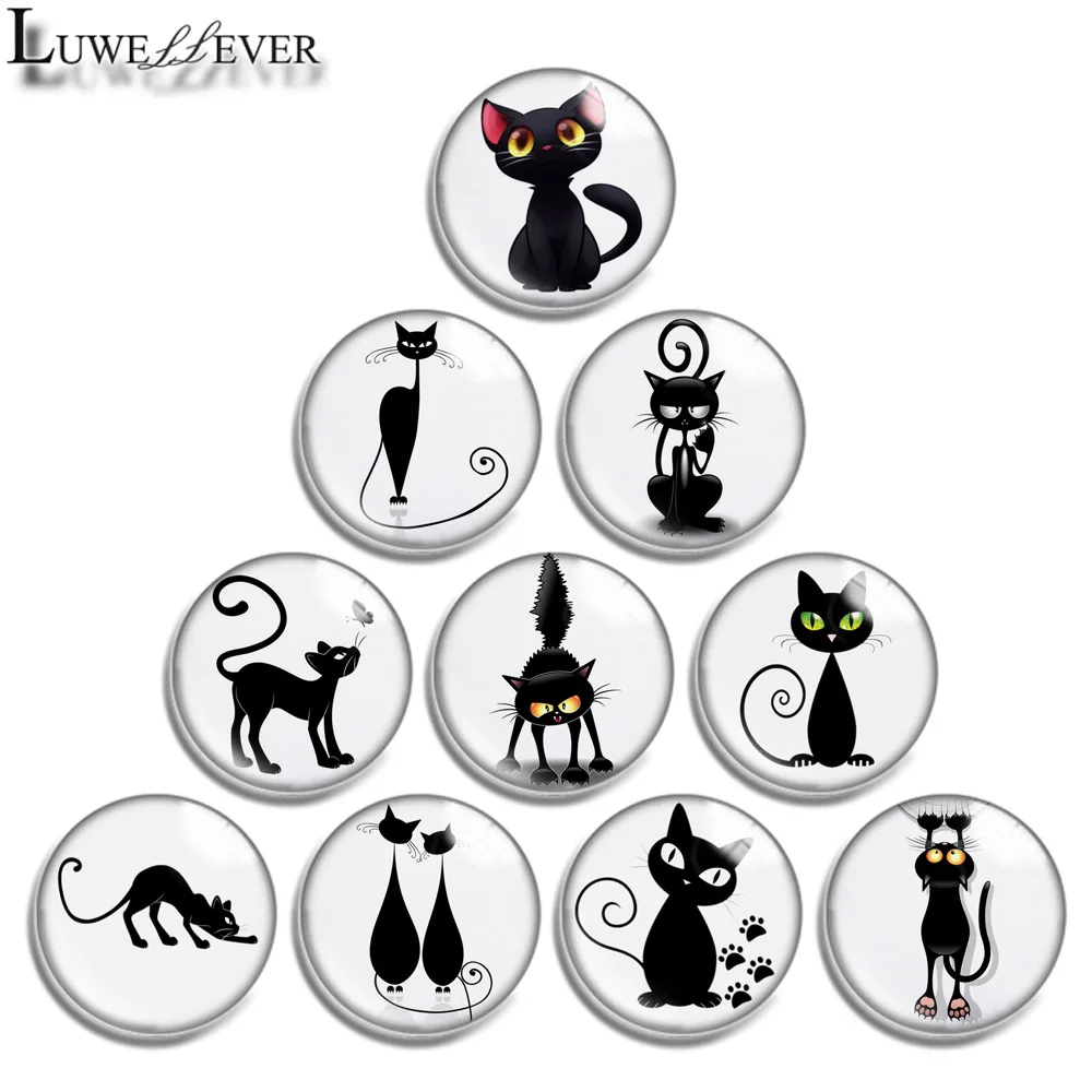 12mm 14mm 16mm 20mm 25mm 30mm 703 Black Cat Mix Round Glass Cabochon Jewelry Finding 18mm Snap Button Charm Bracelet