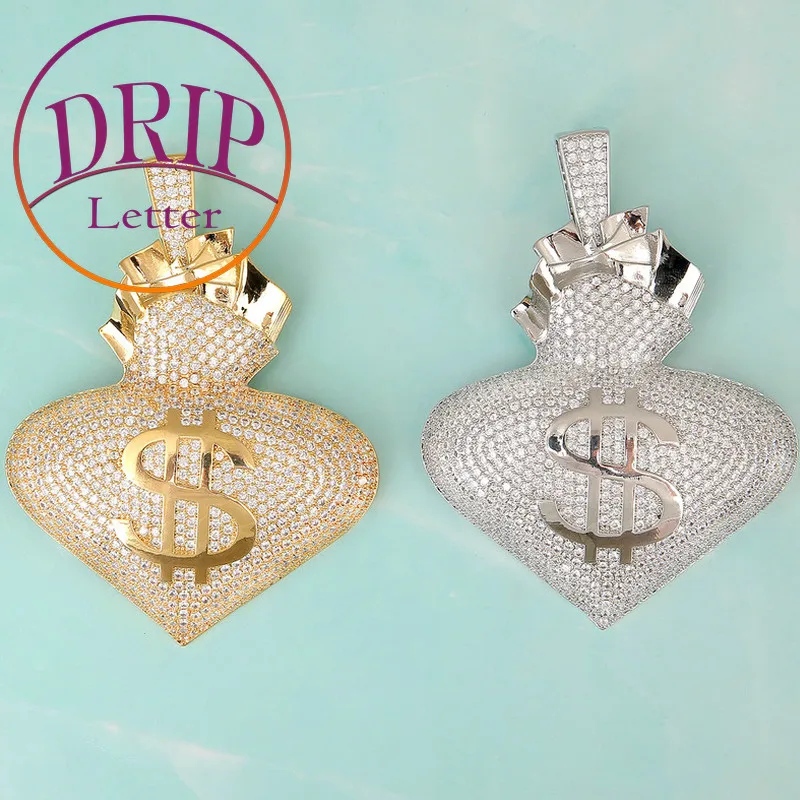 Drip Letter No Chain Dollar Sign Heart Shape Pendant Gold Color Plated 5A Cubic Zircon Hip Hop Rock Street Jewelry 2023 Trend