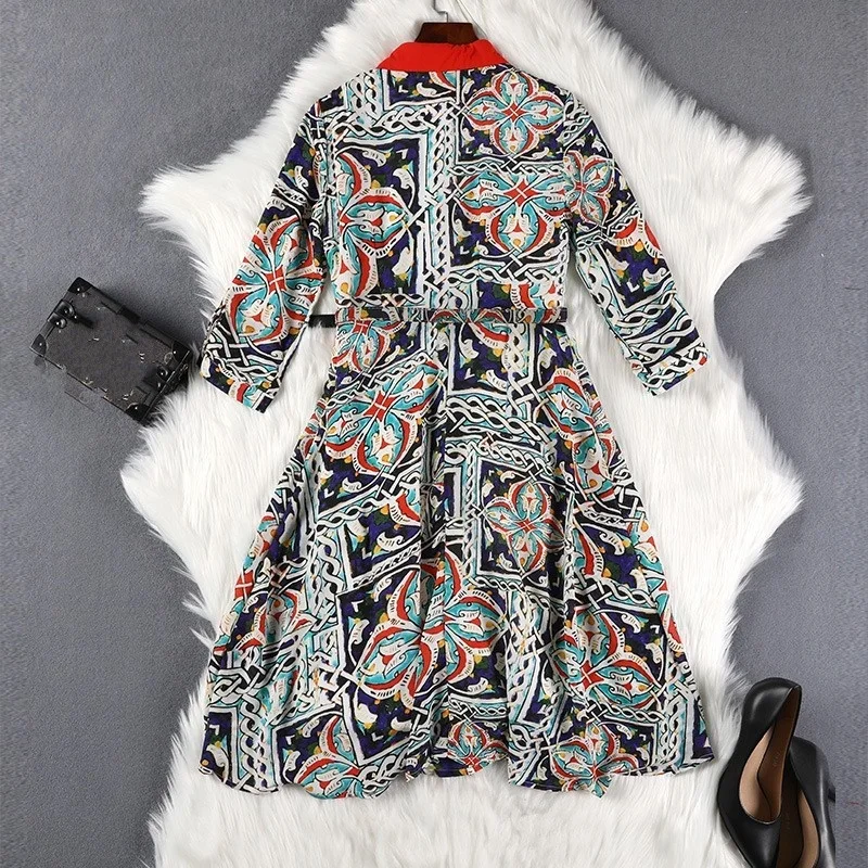 

Vintage Ladies Printing Three Quarter Lapel Chiffon Shirt Pleated Dresses Knee Length High Wais Sashes Womens Plus Size Dresses