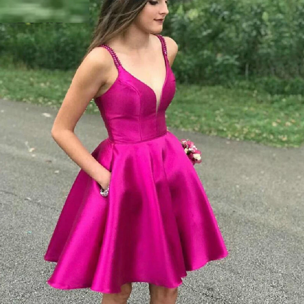 Vestidos de satén con tirantes finos para Homecoming, Vestido corto hasta la rodilla, cuello en V, sin mangas, espalda abierta, fiesta de graduación, con bolsillos