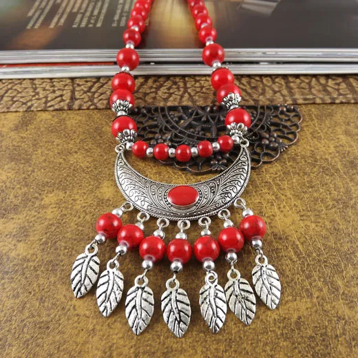 Bohemia Vintage Ethnic Leaf Red Stone Tassel Necklace For Women Gypsy Sliver Color Long Chain Necklace For Girls Tibetan Jewelry