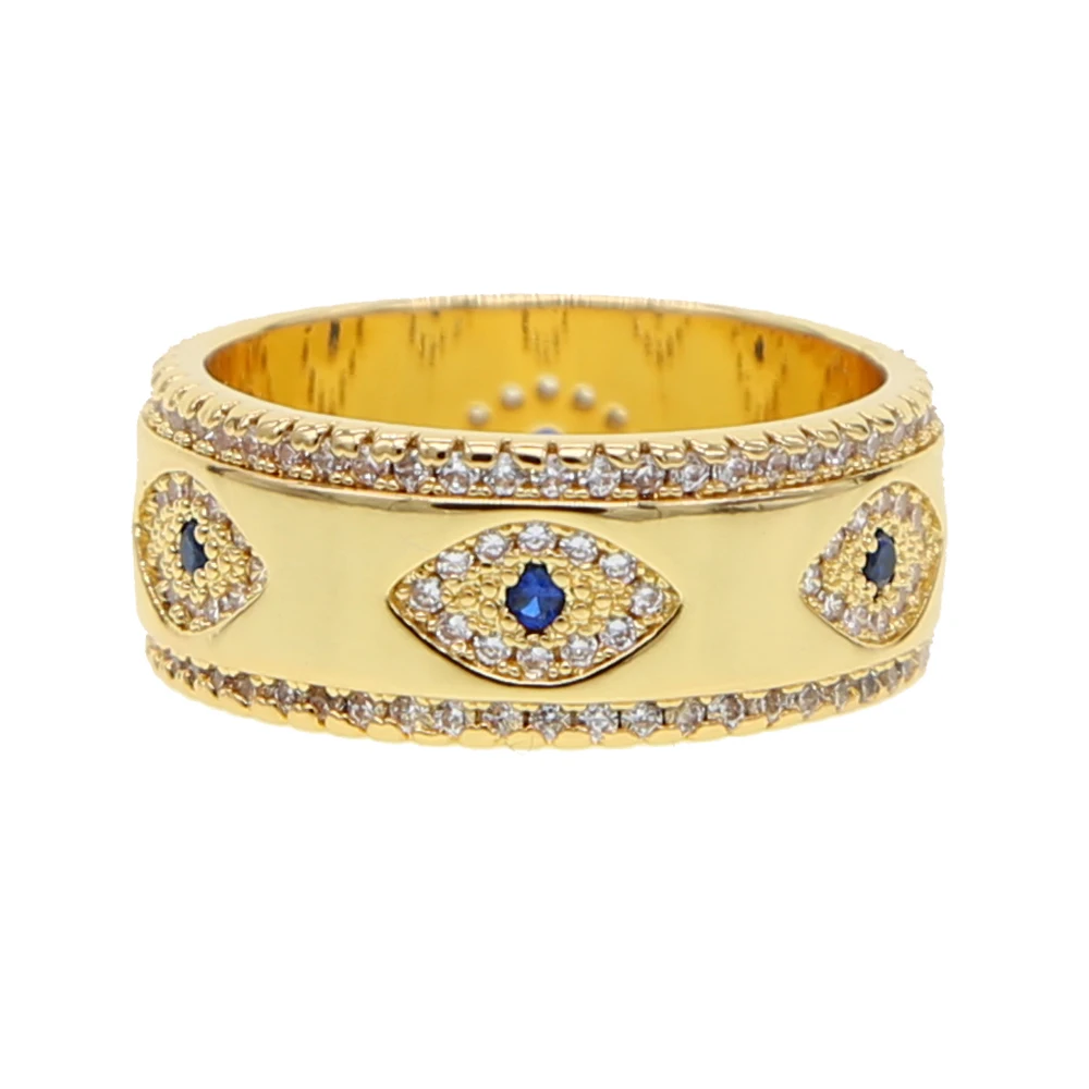 Engraved CZ Evil Eye Gold Color Wide Engagement Band Rings For Lady Women Party Gift Finger Jewelry Classic Summer Lucky Ring