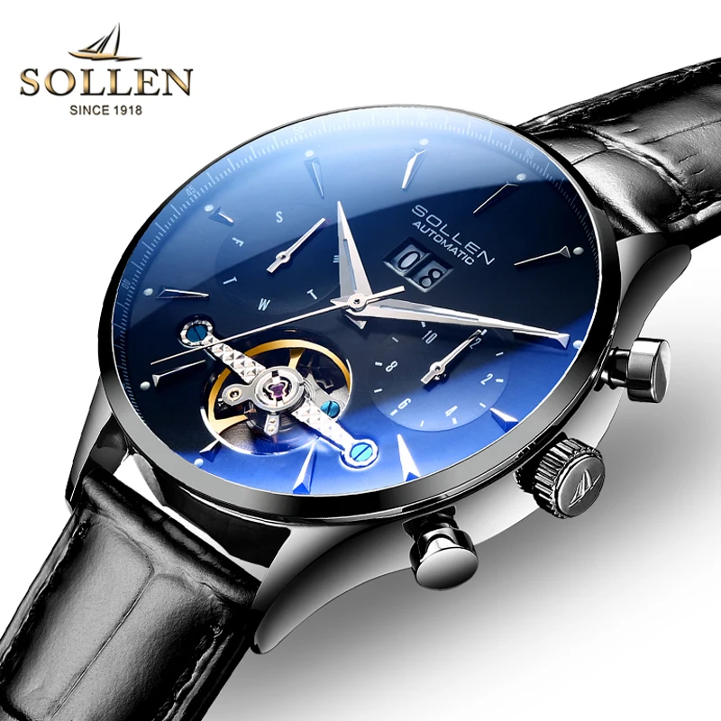 

Luxury Brand Switzerland SOLLEN Automatic Mechanical Men's’ Watches Multi-function Dial Skeleton Waterproof Leather Clocks SL308