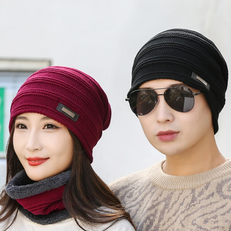 

Women Men Wool Knitted Hat Ski Hat Sets for Female Windproof Winter Outdoor Knit Warm Thick Siamese Scarf Collar Warm Hat Gift