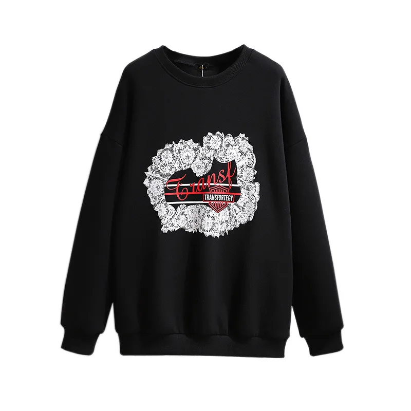 New Autumn Winter Plus Size Women Clothing Pullover Large Long Sleeve Black Print Velvet Thick Warm T-shirt 3XL 4XL 5XL 6XL 7XL