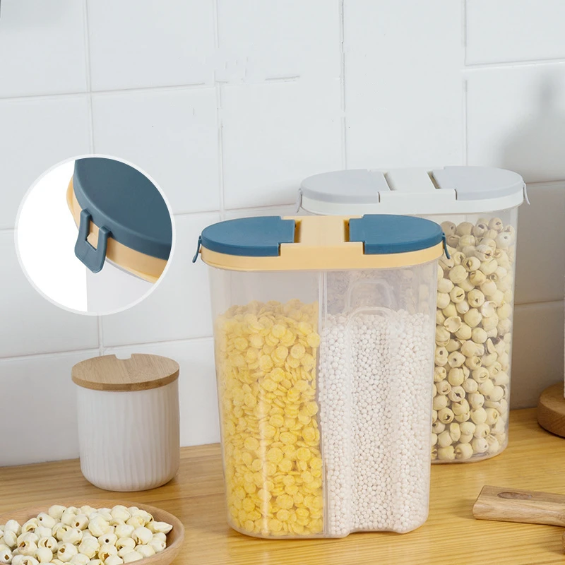 Double Grid Plastic Cereals Food Storage Jar Container Kitchen Organizer Eco Friendly Cookie Box Dried Grains Tank with Lids