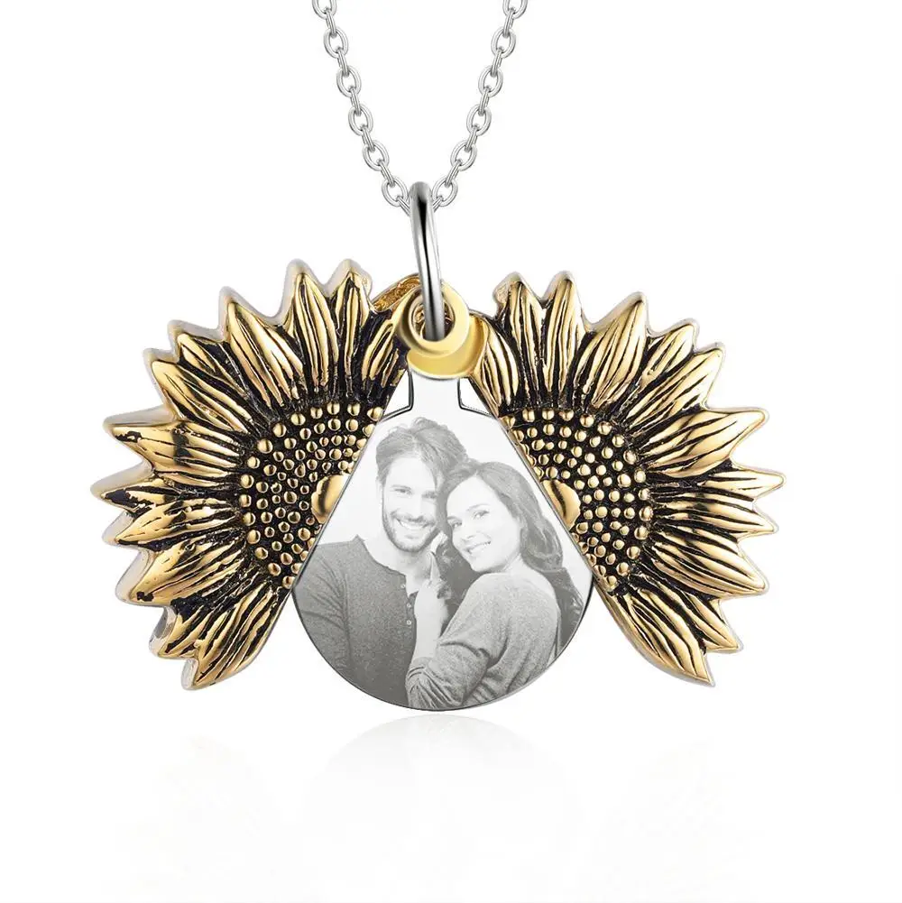 Vintage Customized Open Locket Sunflower Necklace Engraved You Are My Sunshine Necklace For Family BFF Jewelry Wholesale