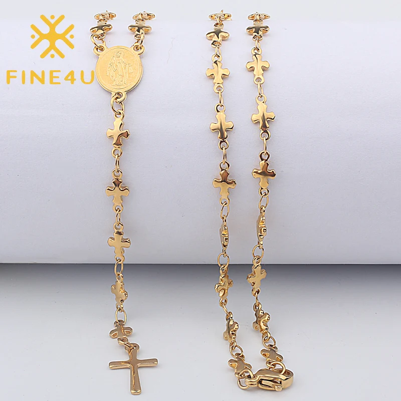 FINE4U N419 Stainless Steel Cute Cross and Virgin Mary Pendant Necklace Religious Catholic Christian Jewelry For Women