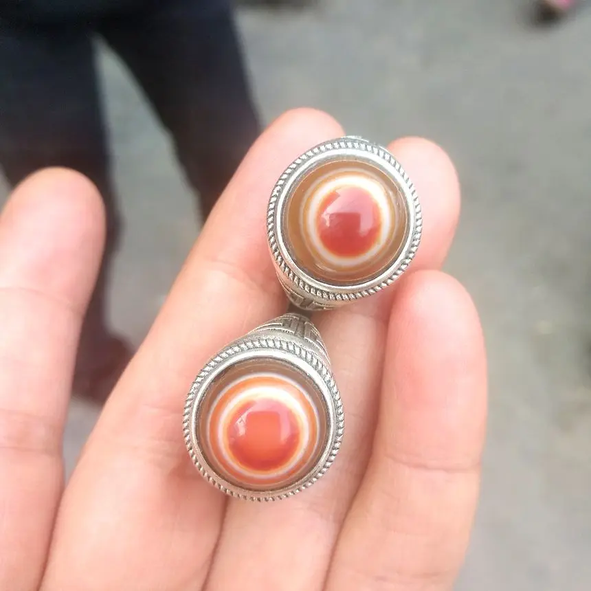 Nature Vein Red Eye Tibet Dzi Bead Ring Wrap Tibetan Silver Finger Ring Amulet Lucky Blessing