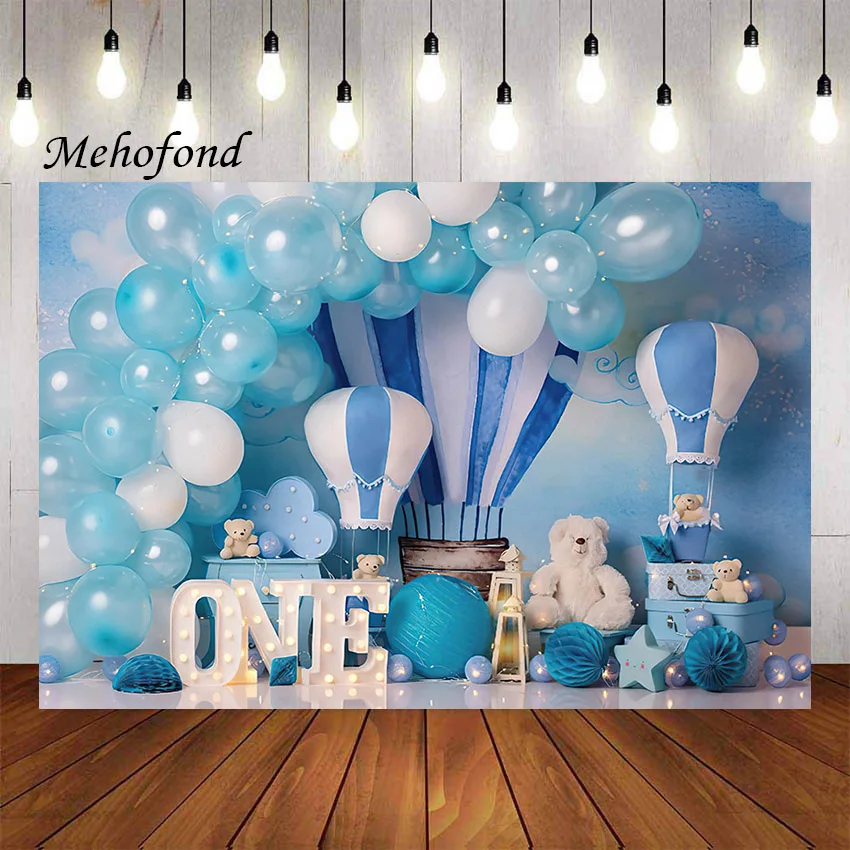 Mehofond การถ่ายภาพพื้นหลังสีฟ้า Hot Air บอลลูนหมี Boy 1st วันเกิดเค้ก Smash ภาพฉากหลัง Photo Studio Props