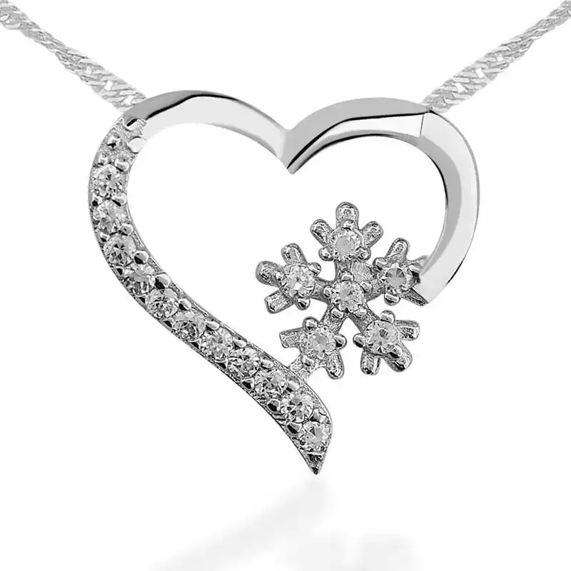 Silver Snowflake Heart Lady Necklace Zircon Stone 925 Sterling Women Fine Jewelry Wedding Party Birthday Gift - Box - Pendant - Chain Choker - Female - Ladies - Fashion