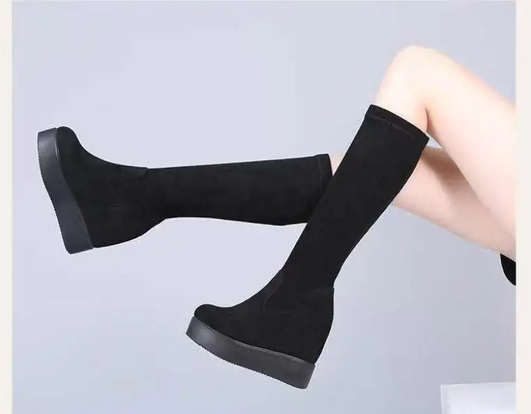Autumn Winter Warm Wedges Knee High Boots Inner Increase Women's Round Toe Elastic Boots Long Tube Muffin Bottom Female Shoes
