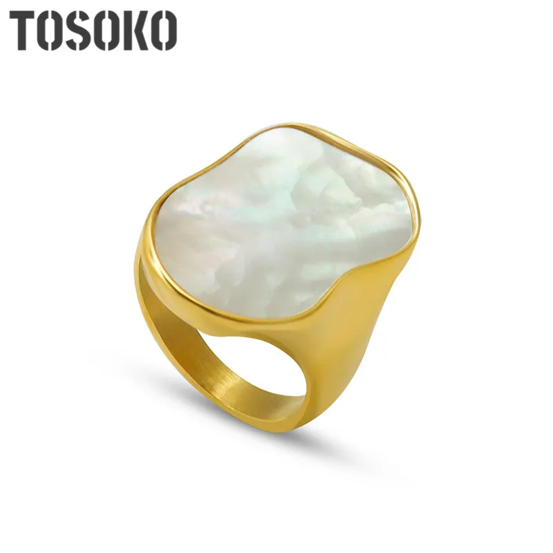 

TOSOKO Stainless Steel Jewelry Handmade Special-Shaped White Seashell Ring Female FashionBSA259