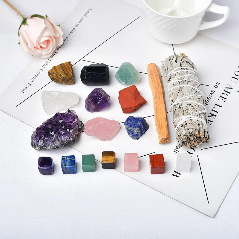 

1Set Natural Crystals Rock Mineral Home Decor Specimen irregularity Raw Seven Chakras Souvenir Collection Ornament Gift Box