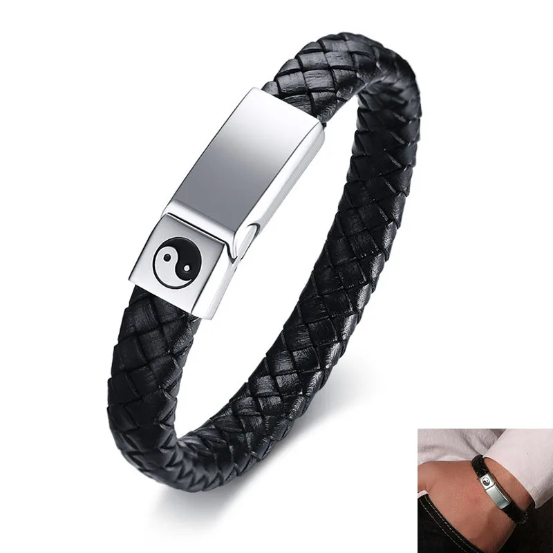 

Retro Stainless Steel Tai Chi Gossip Men's Bracelet Black Genuine Braided Leather Cuff Bracelet Men gift Jewelry