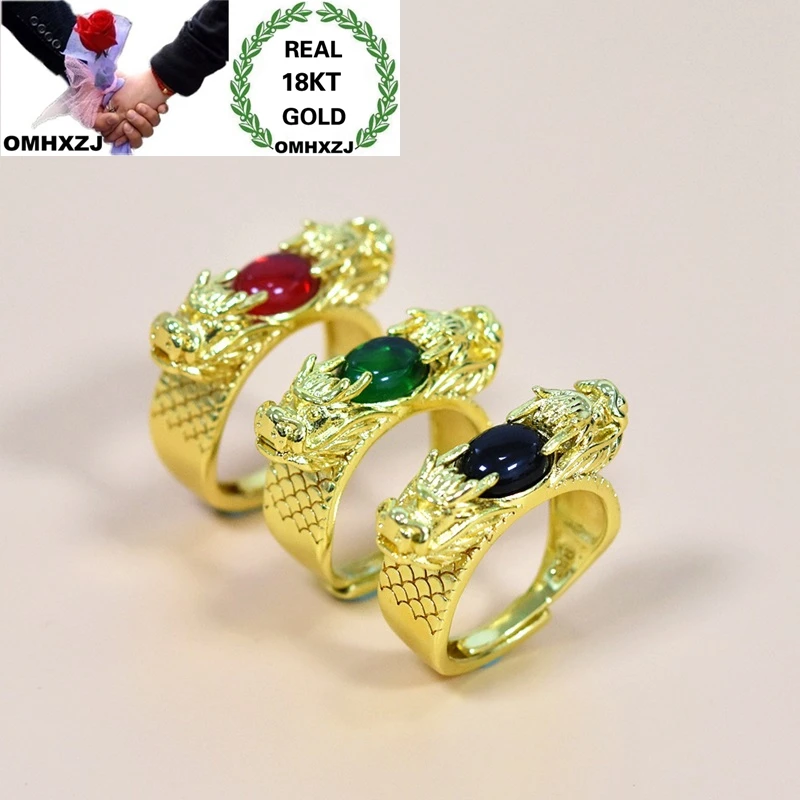 OMHXZJ Wholesale European Fashion Man Male Party Birthday Wedding Gift Vintage Dragon Red Green AAA Zircon 18KT Gold Ring RR945