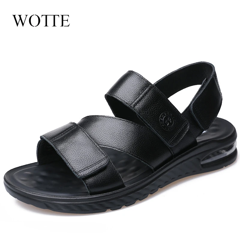 Men's Sandals Fashion Men Shoes Slip-On Genuine Leather Soft Non-slip Beach Summer Sandals Slippers Flats Flip Flop Сандалии