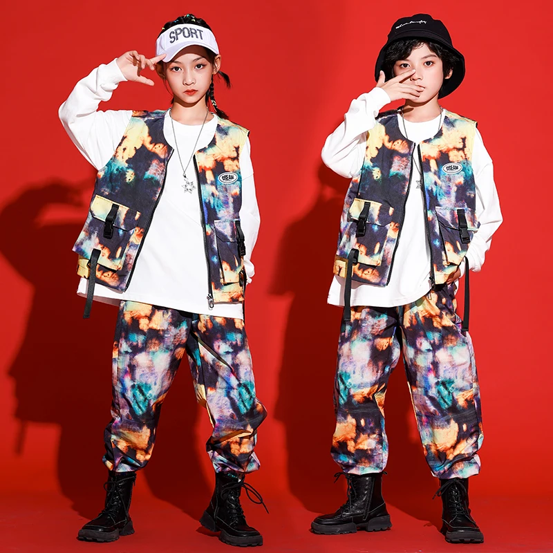 Tie-dye abbigliamento Hip-Hip abbigliamento moda per bambini Street Dancewear abiti da concerto Rave Festival Outfit Vest Cargo Pants JL3821